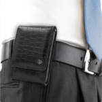 Black alligator-embossed leather holster, front view