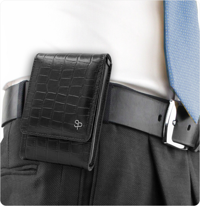 Black alligator-embossed leather holster, front view
