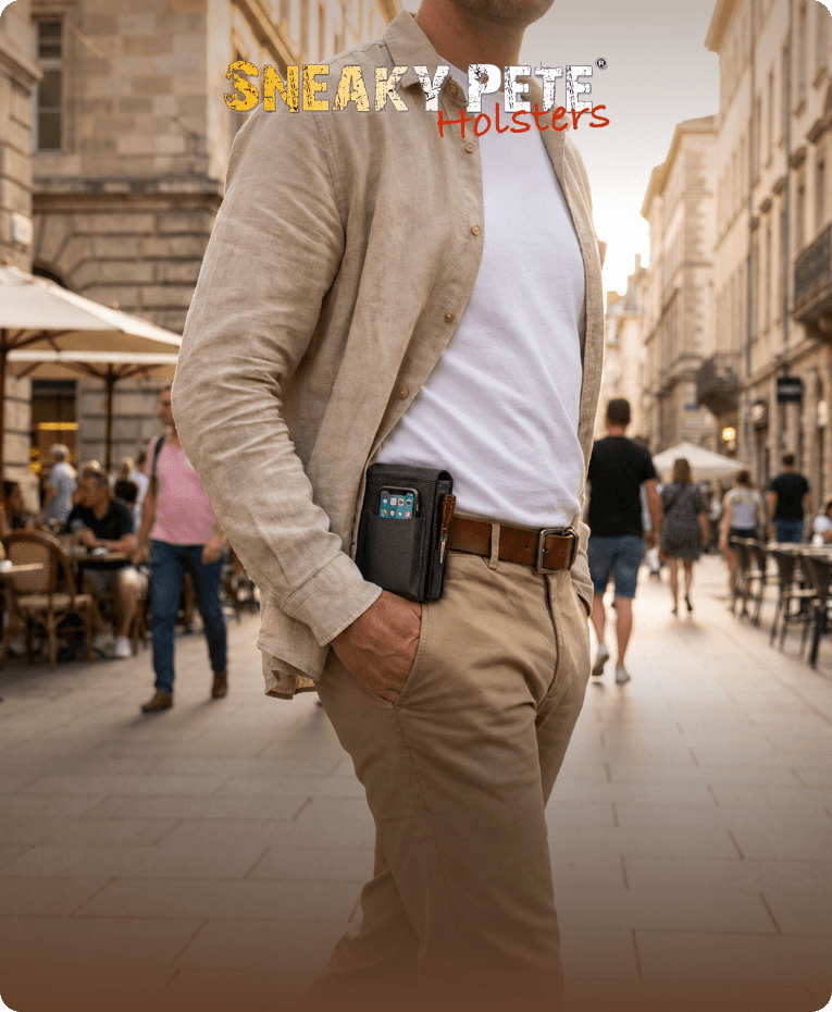 Man walking on a city street wearing a Sneaky Pete holster on his belt